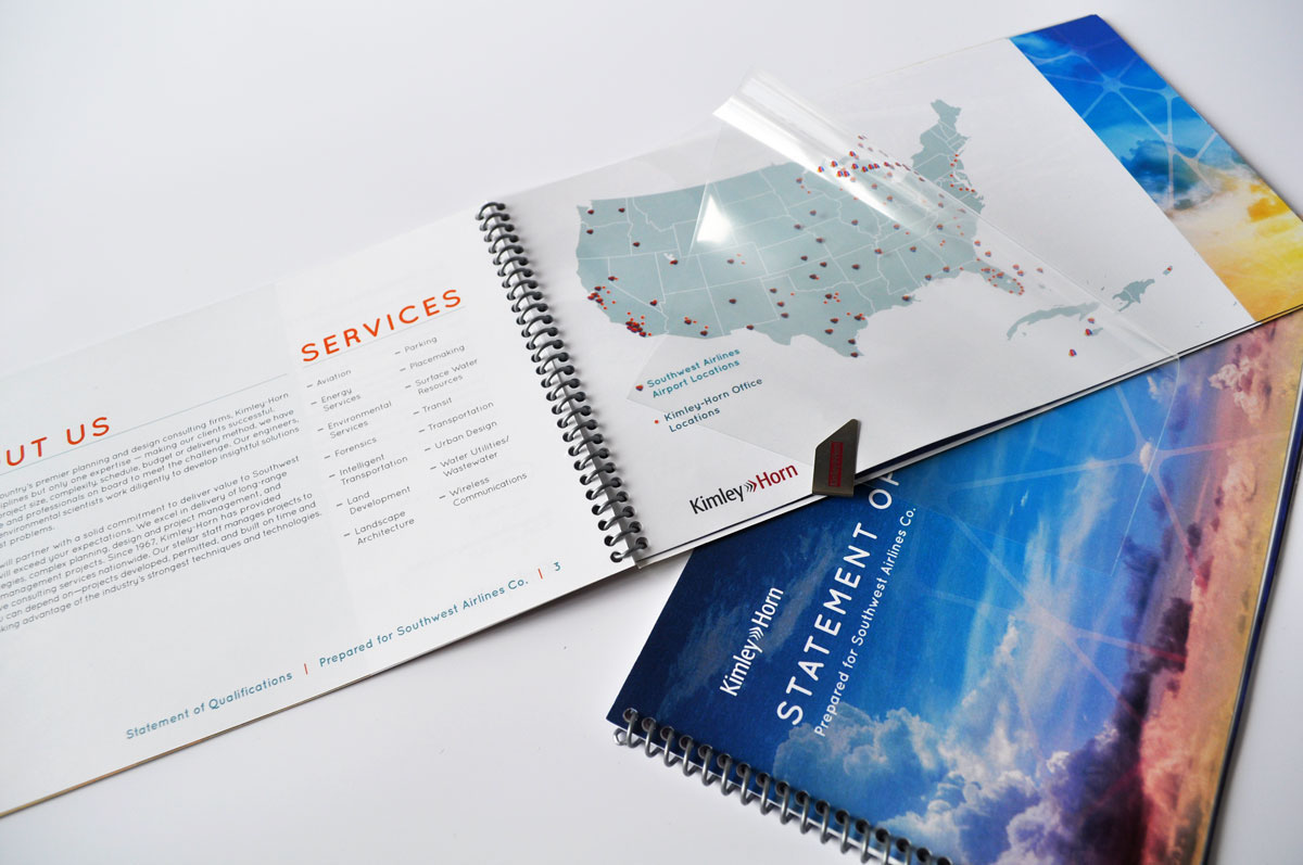 A spread featuring a map with a transparent page, overlaying the locations of airports Southwest services and the proximity to Kimley-Horn's office locations.